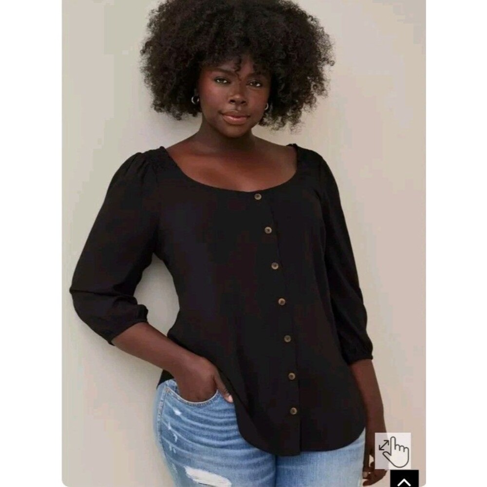 Torrid Plus Size 2X Rayon Slub Blouson Puff Sleeve Black Faux Button Top